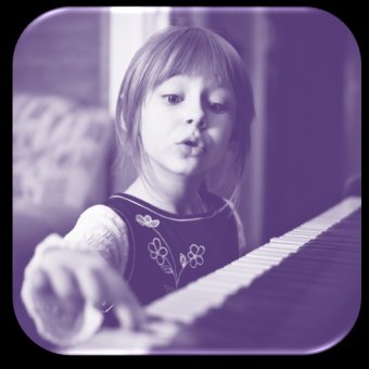 Child learning how to play piano purple